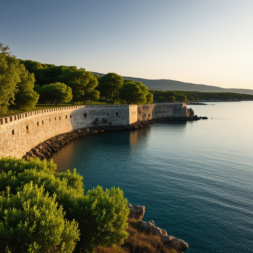 Ancient stone walls along the Biograd na Moru coast with lush greenery and clear blue sea at sunset