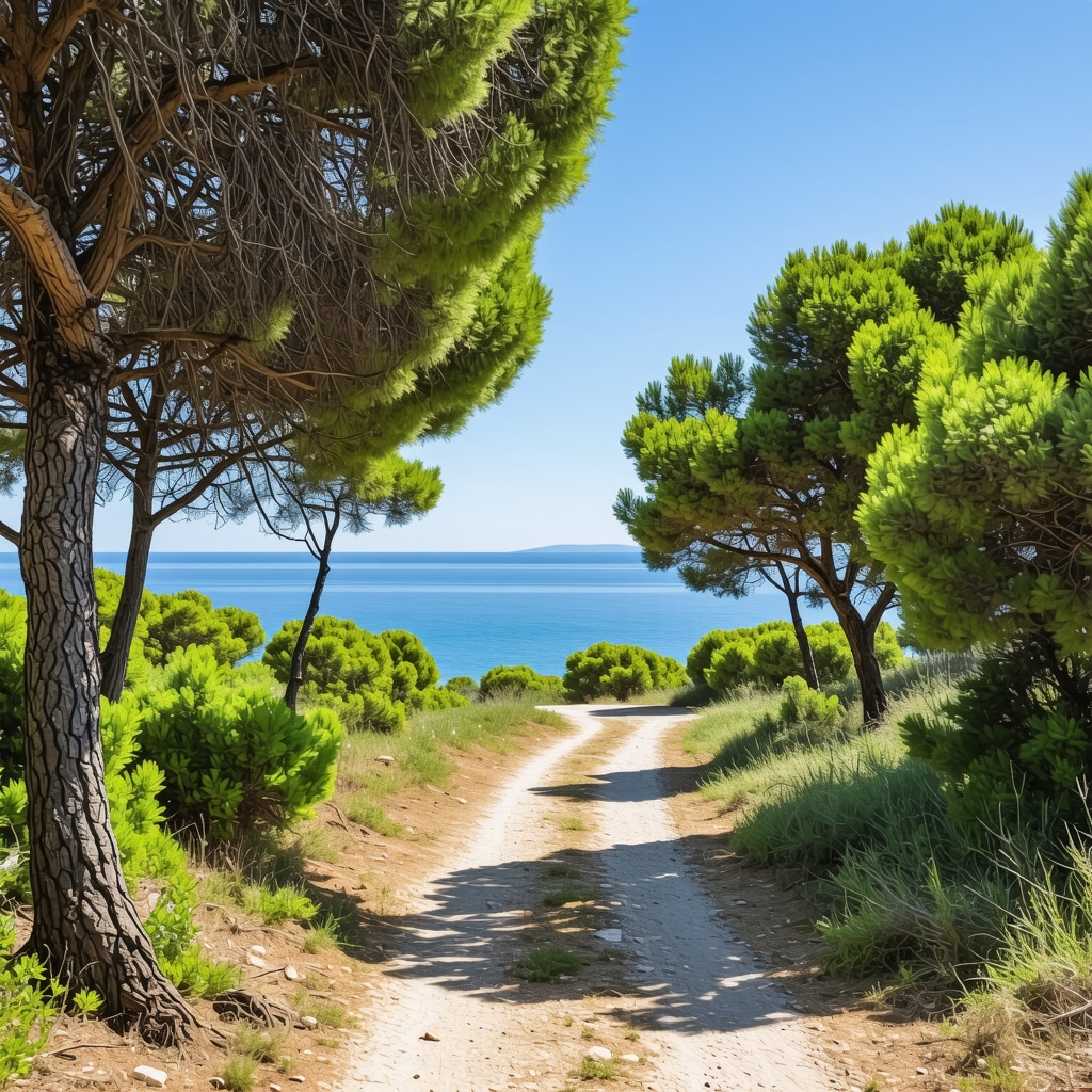 Scenic hiking trail along Biograd na Moru coast with pine trees and Adriatic sea