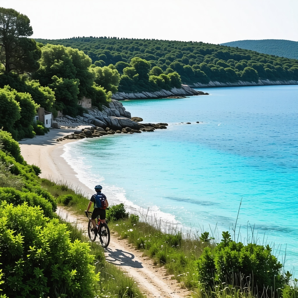 Sustainable tourism scene with cyclists, eco-lodges, and Adriatic Sea in Biograd na Moru