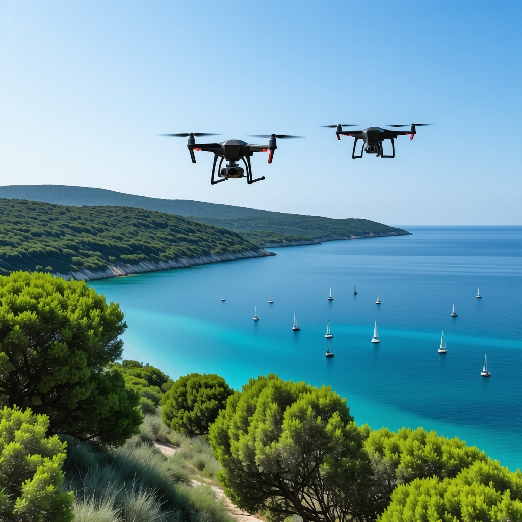 Drone surveillance and AI data overlays monitoring water sports at Biograd na Moru coast