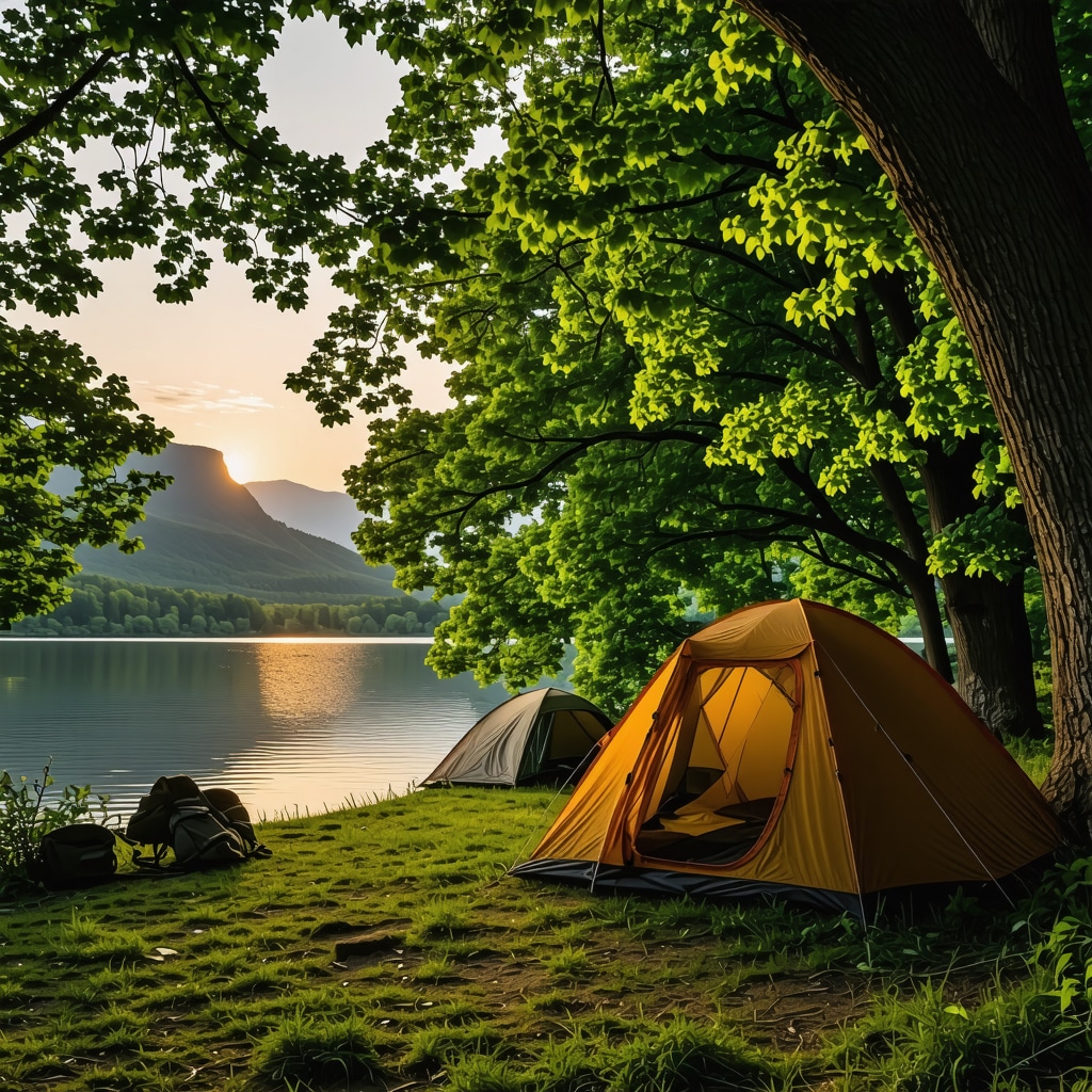 Campsite near lake in Biogradska Forest with tents and sunset