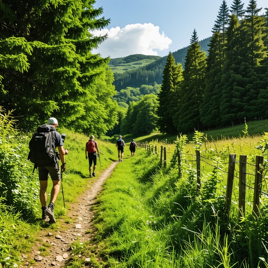 Hikers walking on a lush green Biogradska Forest trail with visible GPS devices and educational signs