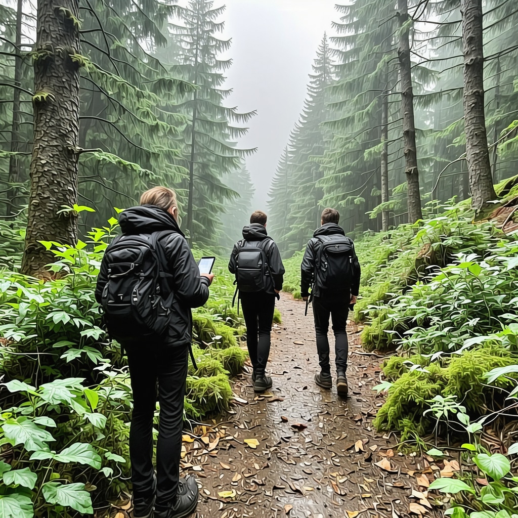 Hikers using GPS and augmented reality devices on a forest trail in Biogradska Ormanı