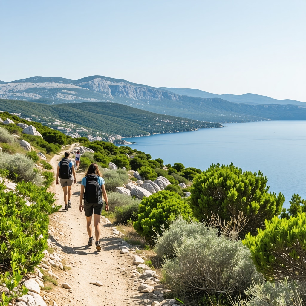 Hikers on a trail in Biokovo National Park with panoramic view of Adriatic Sea and Makarska coastline