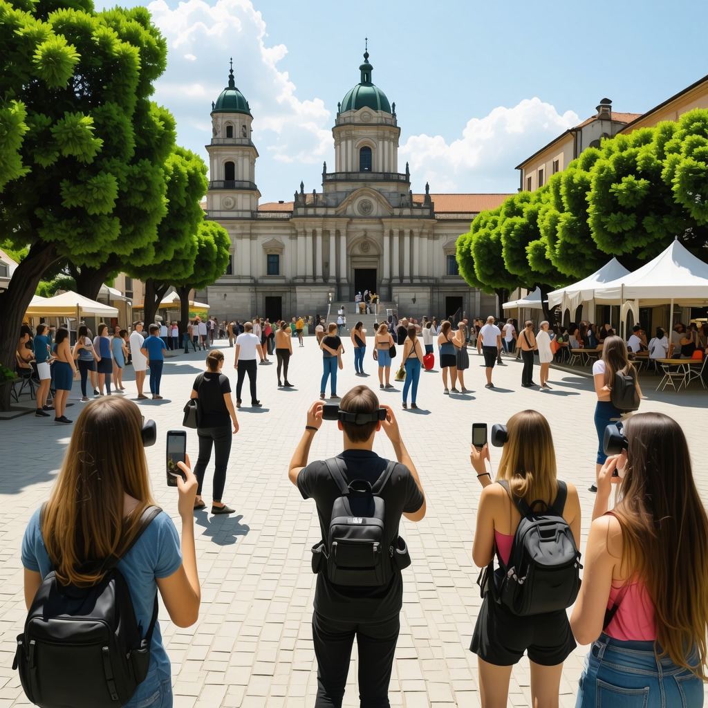 Tourists exploring Bitola's historic city center using augmented reality and virtual reality devices