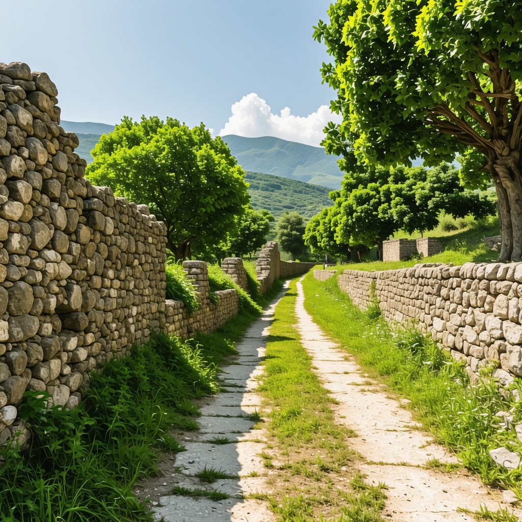 A scenic nature trail near ancient ruins in Bitola with green trees and a clear pathway under daylight