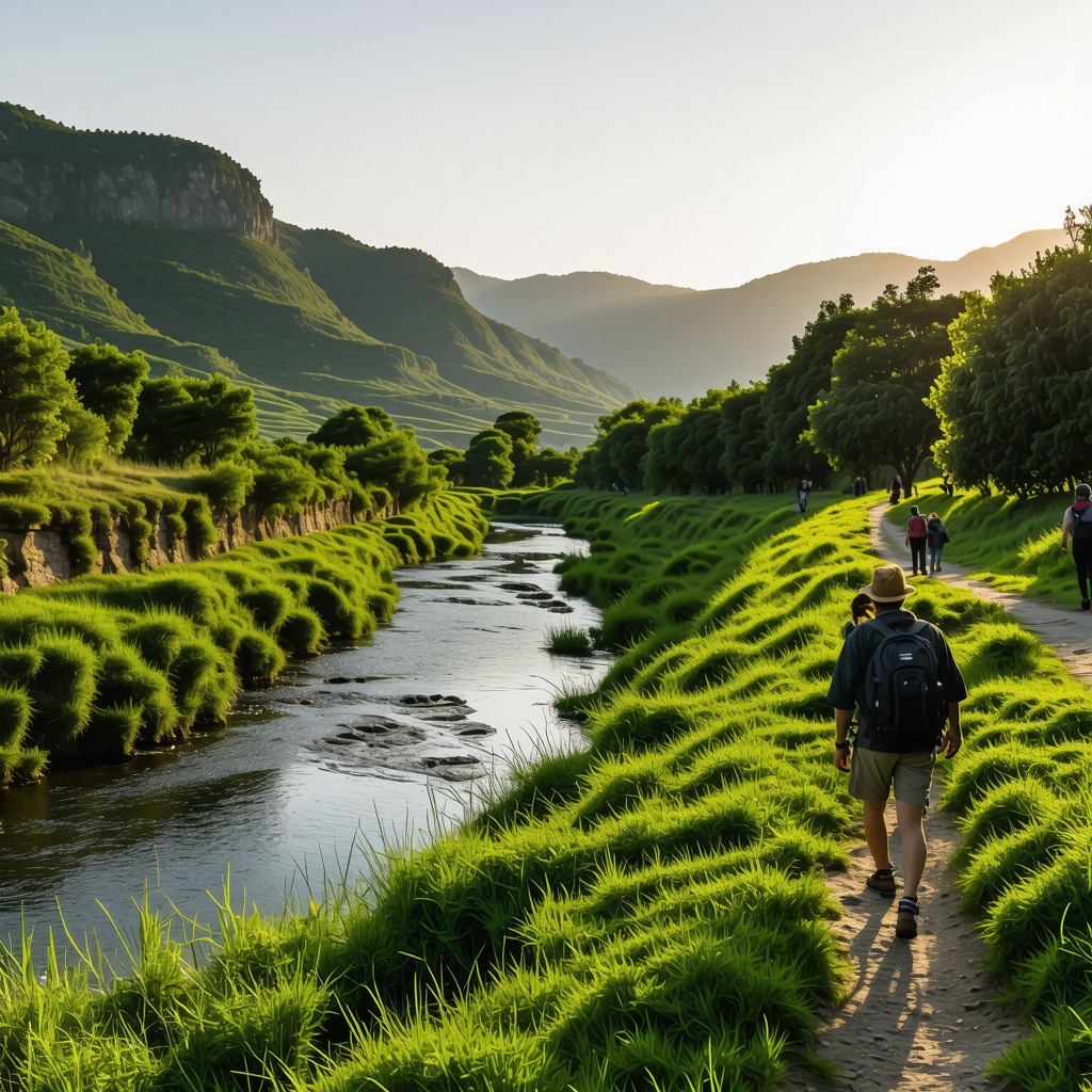 Panoramic view of Blagay showing Buna River spring, greenery, historic Blagay Dergah, and hikers at sunset