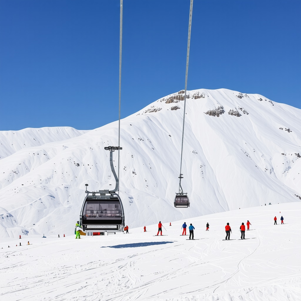 Borovets kayak merkezinde modern teleferiklerle kayak yapan insanlar ve karla kaplı Rila Dağları manzarası