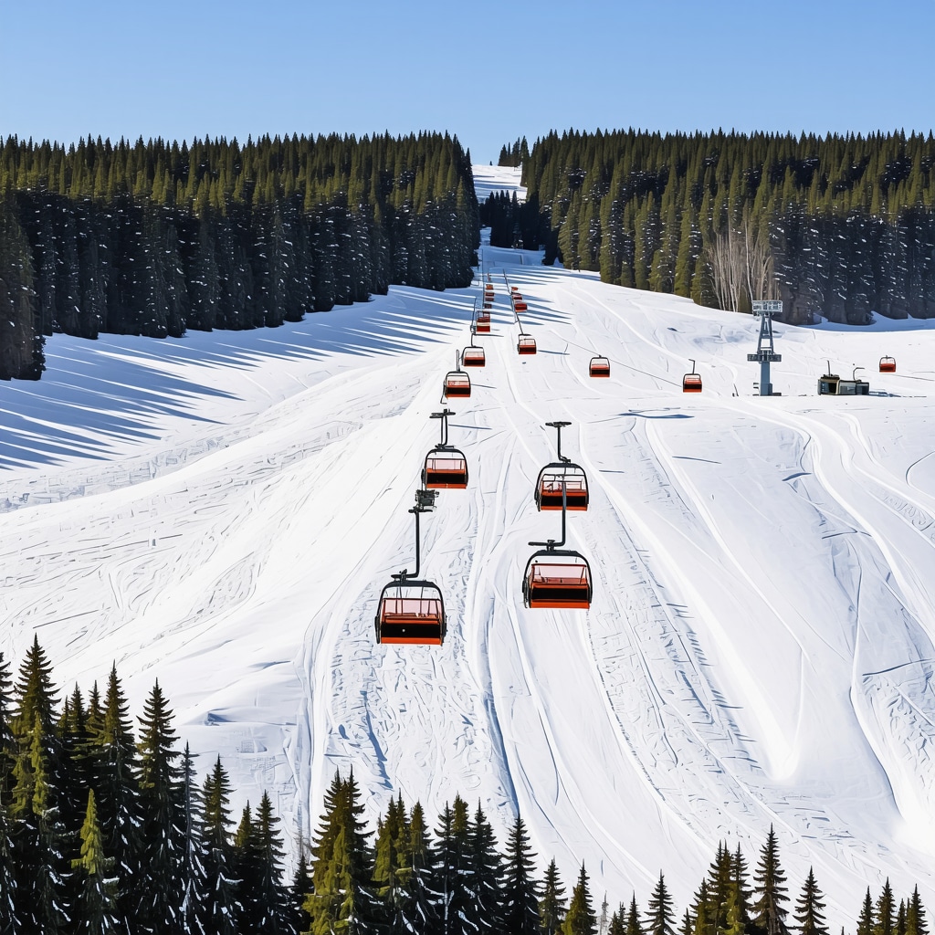 Panoramic snowy landscape of Borovets ski resort with advanced ski lifts and pine forest