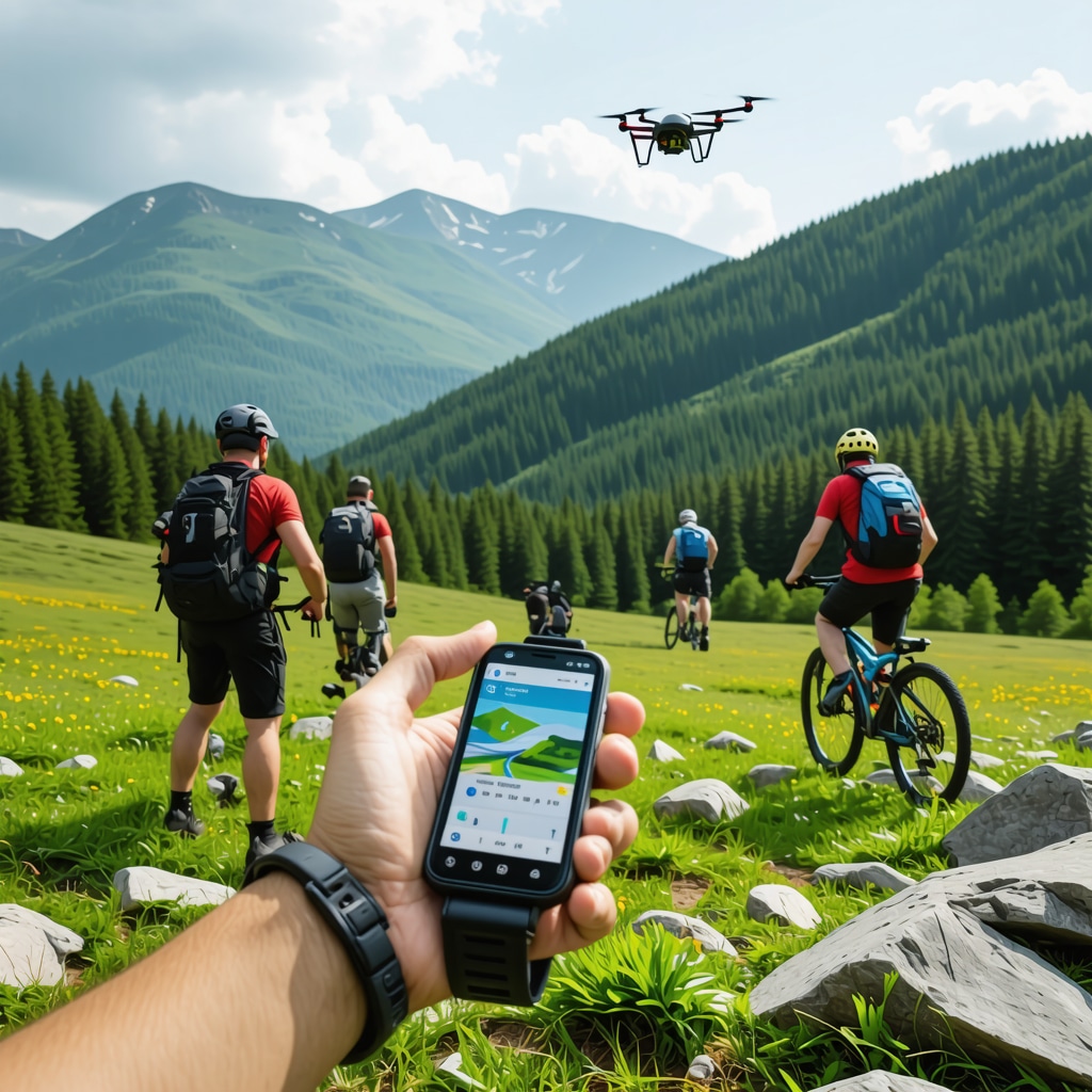 Hikers and mountain bikers in Borovets using GPS smartwatches with drones flying over Rila Mountains