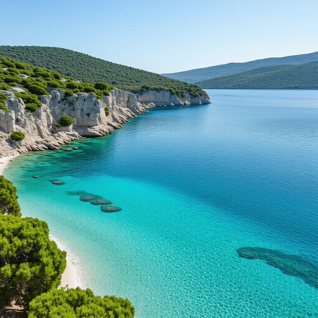 Panoramic view of Brač Island coastline with clear waters and Mediterranean vegetation
