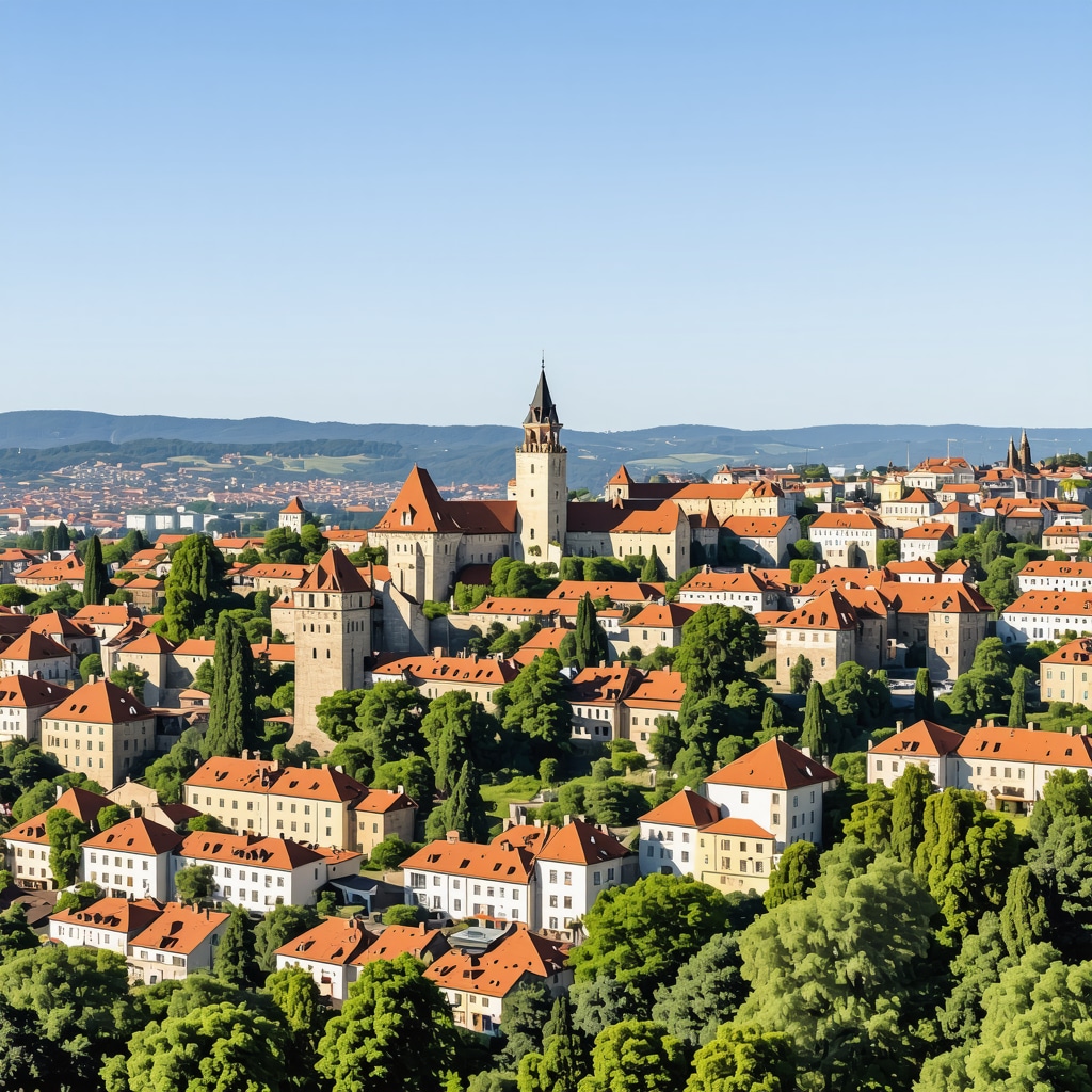 Panoramic view of Braşov showing medieval buildings, modern eco-friendly setups and lush green nature under clear skies