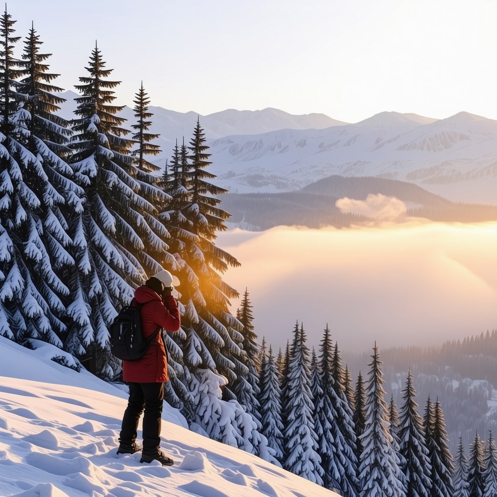 Photographer capturing snow-covered Brezovica mountains at golden hour