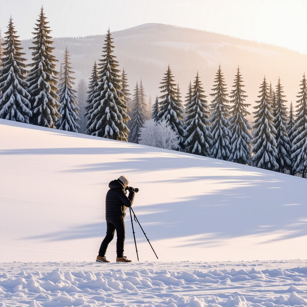 Photographer capturing golden sunrise over snowy mountains and pine trees in Brezovica