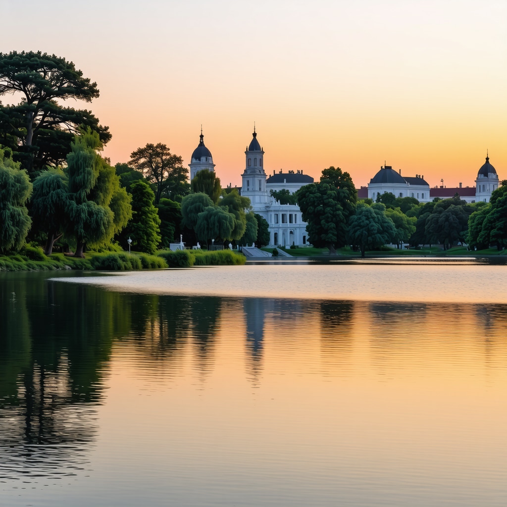 Sunset view of Herastrau Lake in Bucharest showing historic monuments and green parks