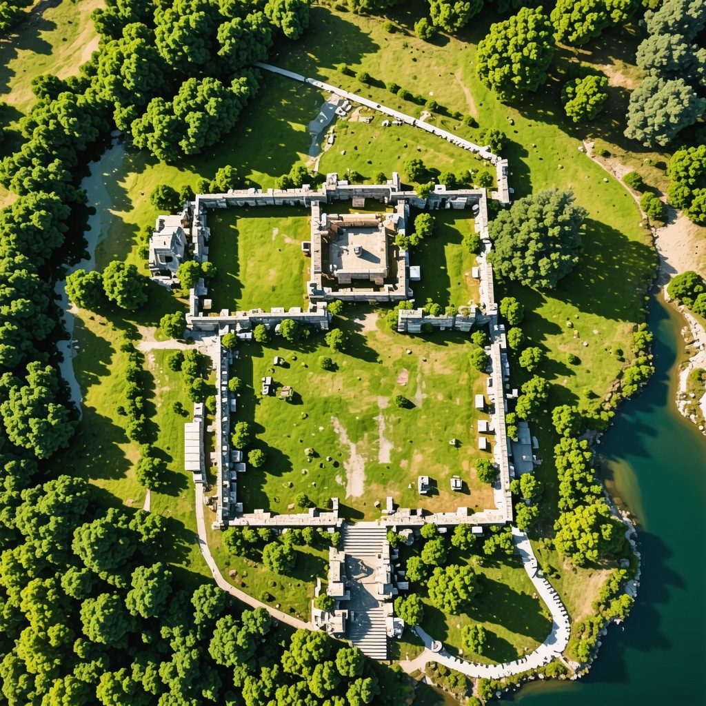 Aerial view of Butrint Ancient City with digital overlays depicting technology integration in archaeology and ecosystem monitoring