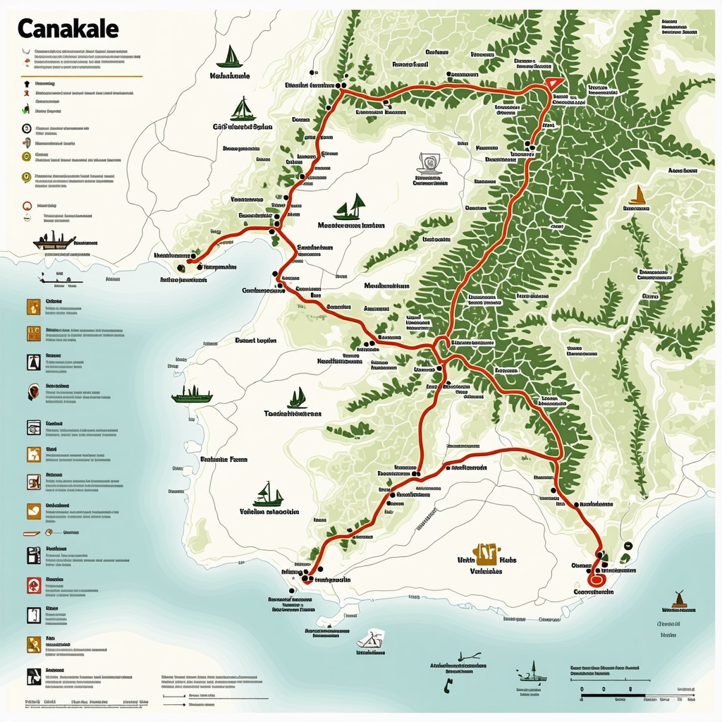 Map showing walking routes in Çanakkale with climate zones, technology, and biodiversity icons