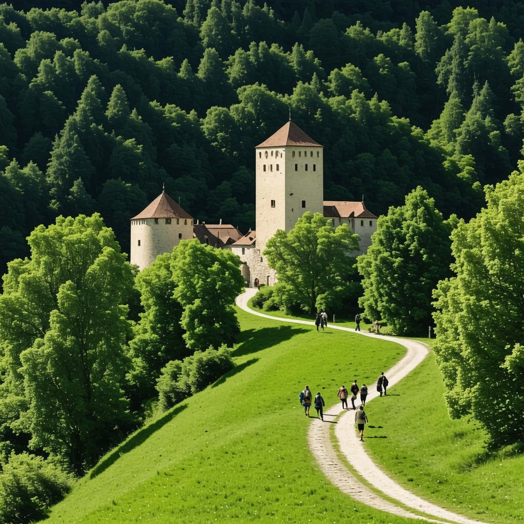 Panoramic view of Celje Castle with green forests and nature trails, hikers walking