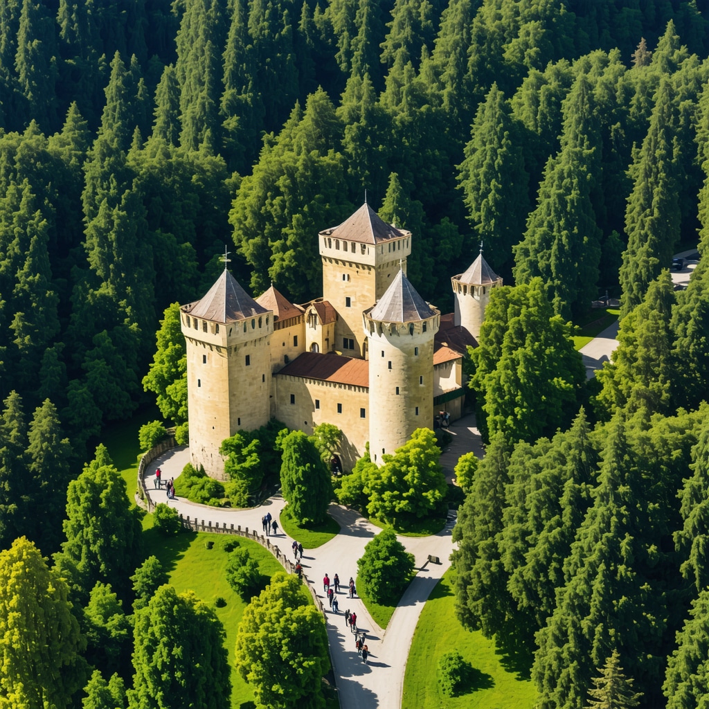 Aerial image of Celje Castle surrounded by forest and hikers with digital overlay representing drone and LIDAR technology use