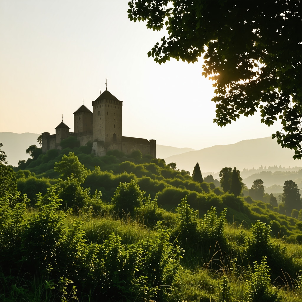 Early morning view of Celje Castle silhouette surrounded by green nature and soft sunlight