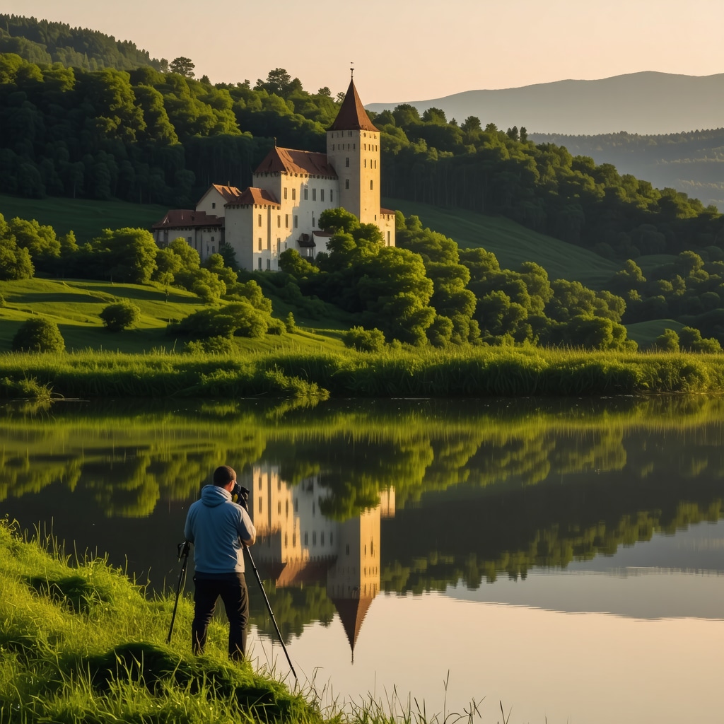 Photographer capturing Celje Castle at sunrise surrounded by green nature