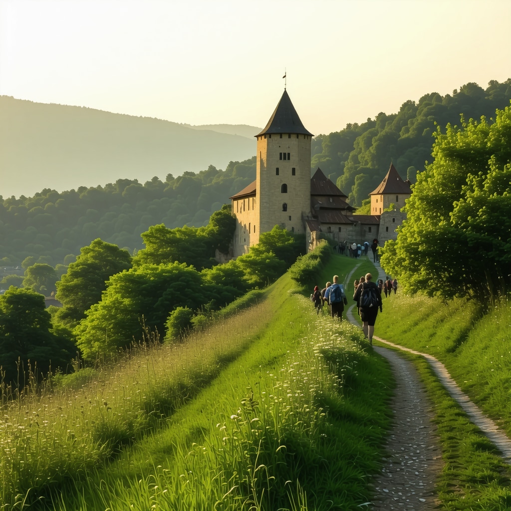 Panoramic view of Celje Castle and surrounding green nature trails with tourists hiking sustainably