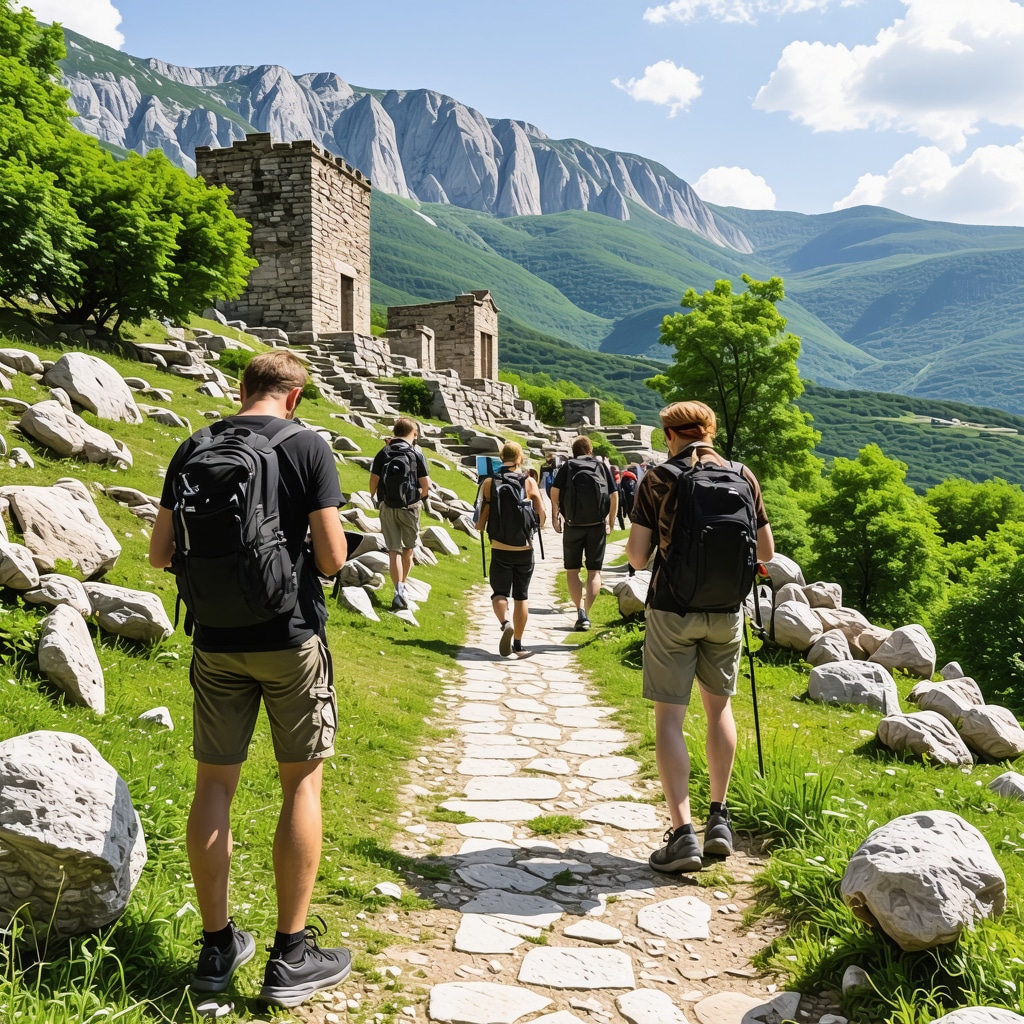 Hikers on a mountain trail near Cetinje using digital devices with historical monuments visible