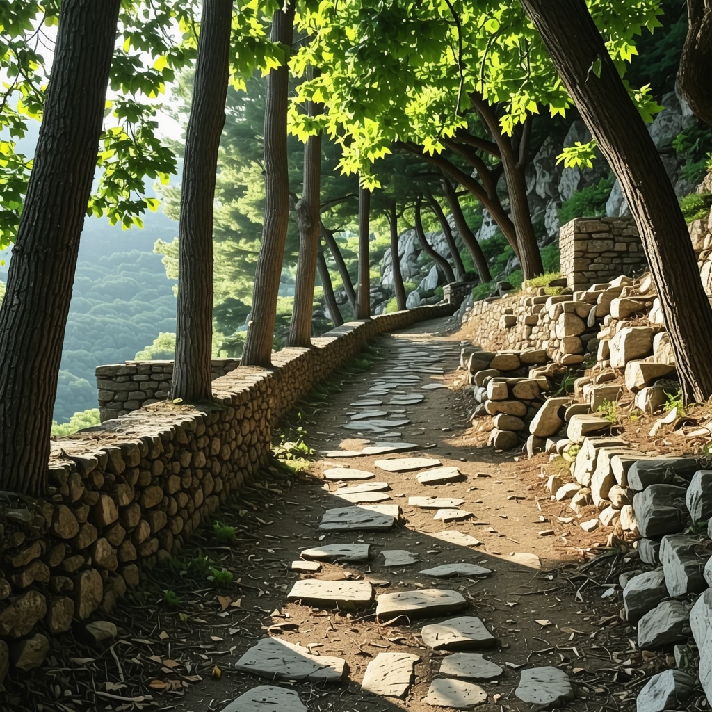 Hiking trail in Cetinje with ancient ruins and dense forest in morning light