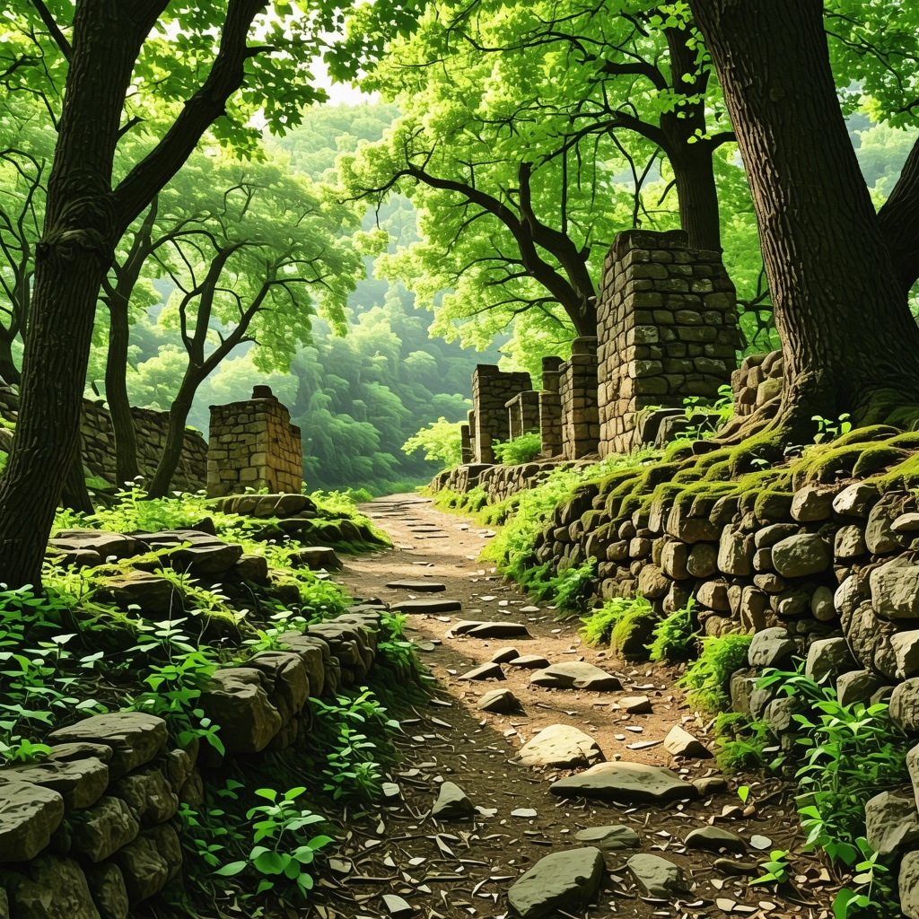 A peaceful hiking path in Cetinje with ancient stone ruins and green forest surroundings