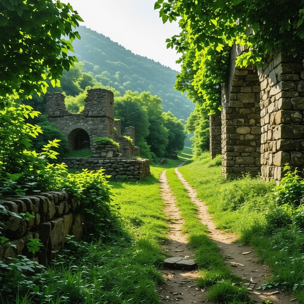 Hiking trail in Cluj-Napoca featuring historical stone ruins amidst green forest