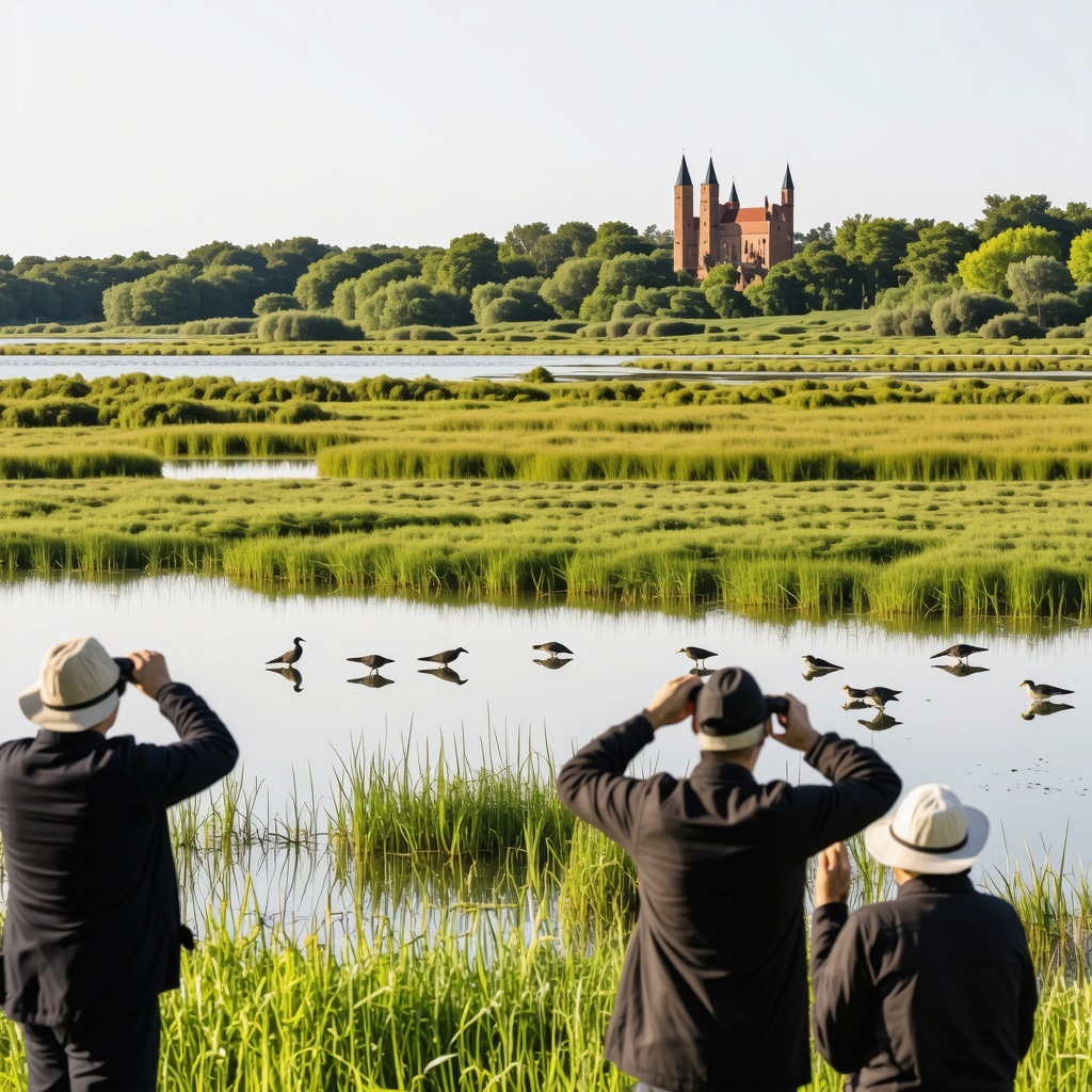 Panoramic view of Constanta's wetlands and historic castles with tourists engaged in bird watching
