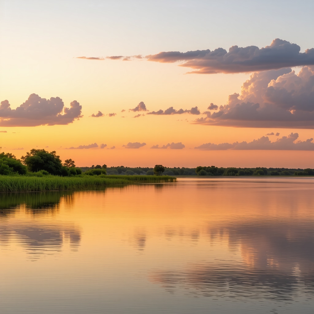 Panoramic sunset view of Danube Delta with water birds and lush greenery near Constanta