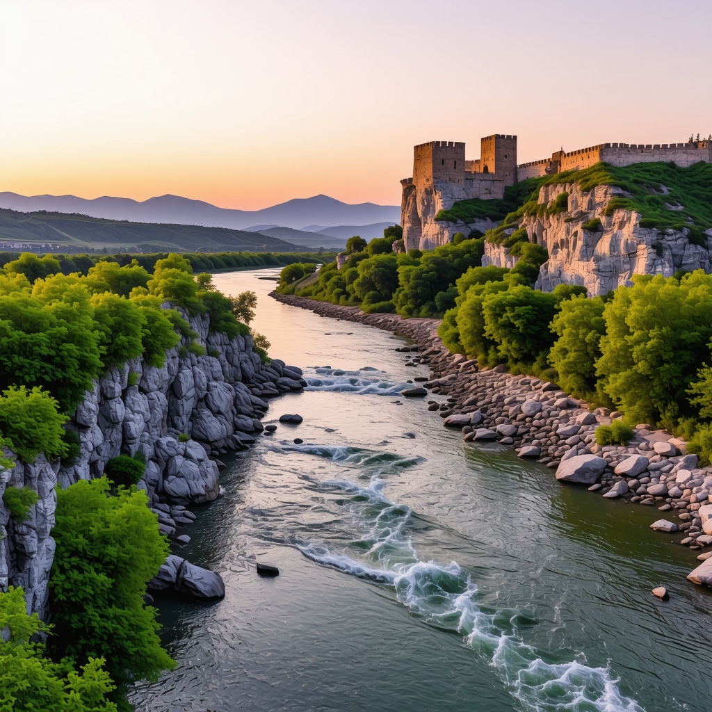 Scenic view of Đerdap National Park with Danube River and fortress at sunset