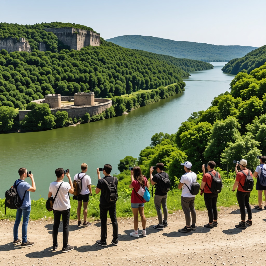 Panoramic image of Đerdap National Park showing Danube River, Golubac Fortress, lush forests, and visitors using AR technology at archaeological sites