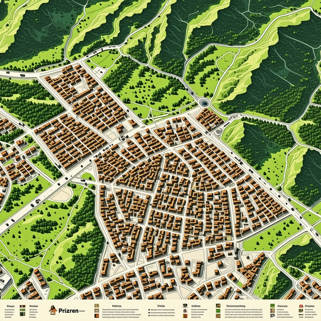 Digital map overlay showing Prizren's historic streets and green ecological zones with AI visitor tracking icons