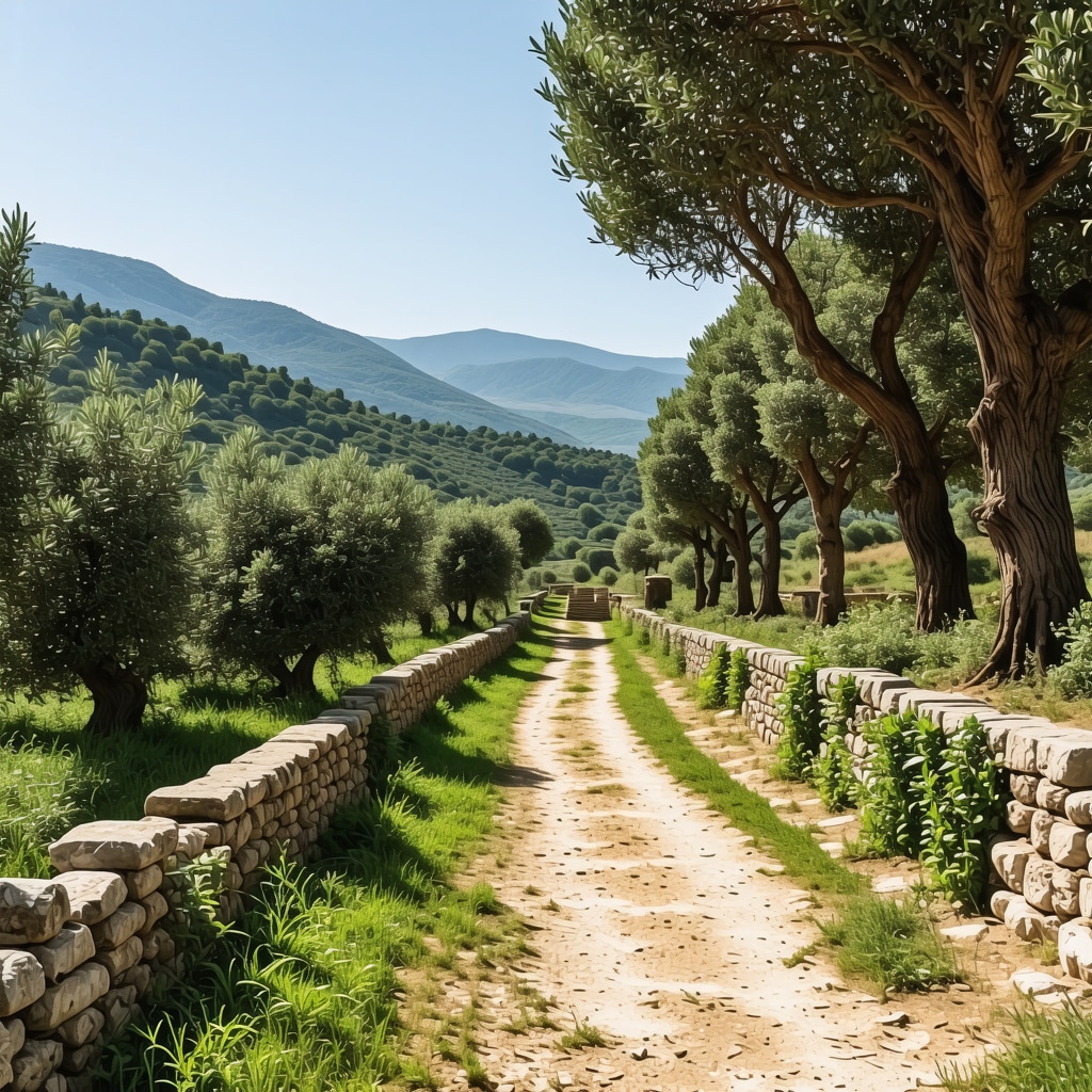Panoramic view of Dirac ancient ruins surrounded by olive trees and walking paths in autumn