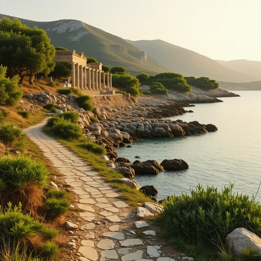 Coastal nature trail in Dıraç showing ancient ruins, lush greenery, and calm sea at sunset