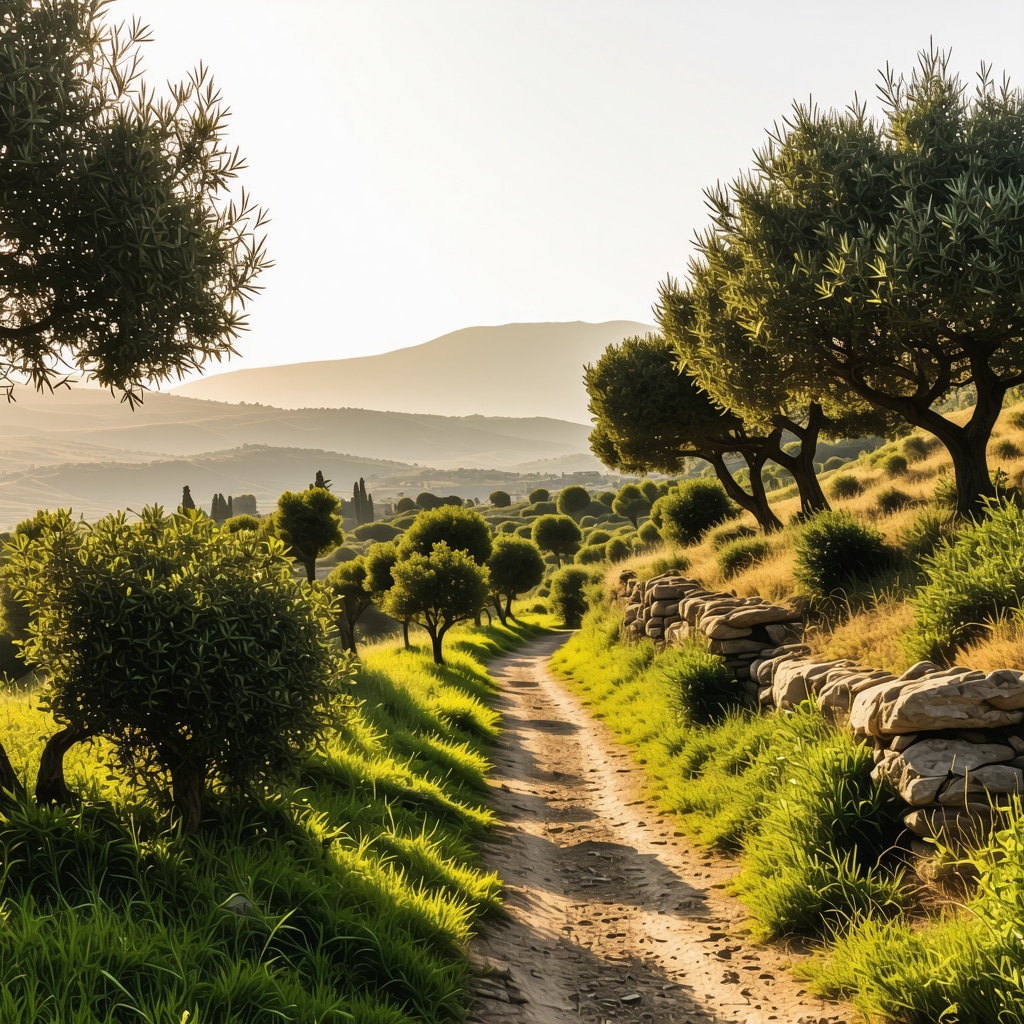 Hiking trail in Dıraç with ancient stone ruins and olive trees