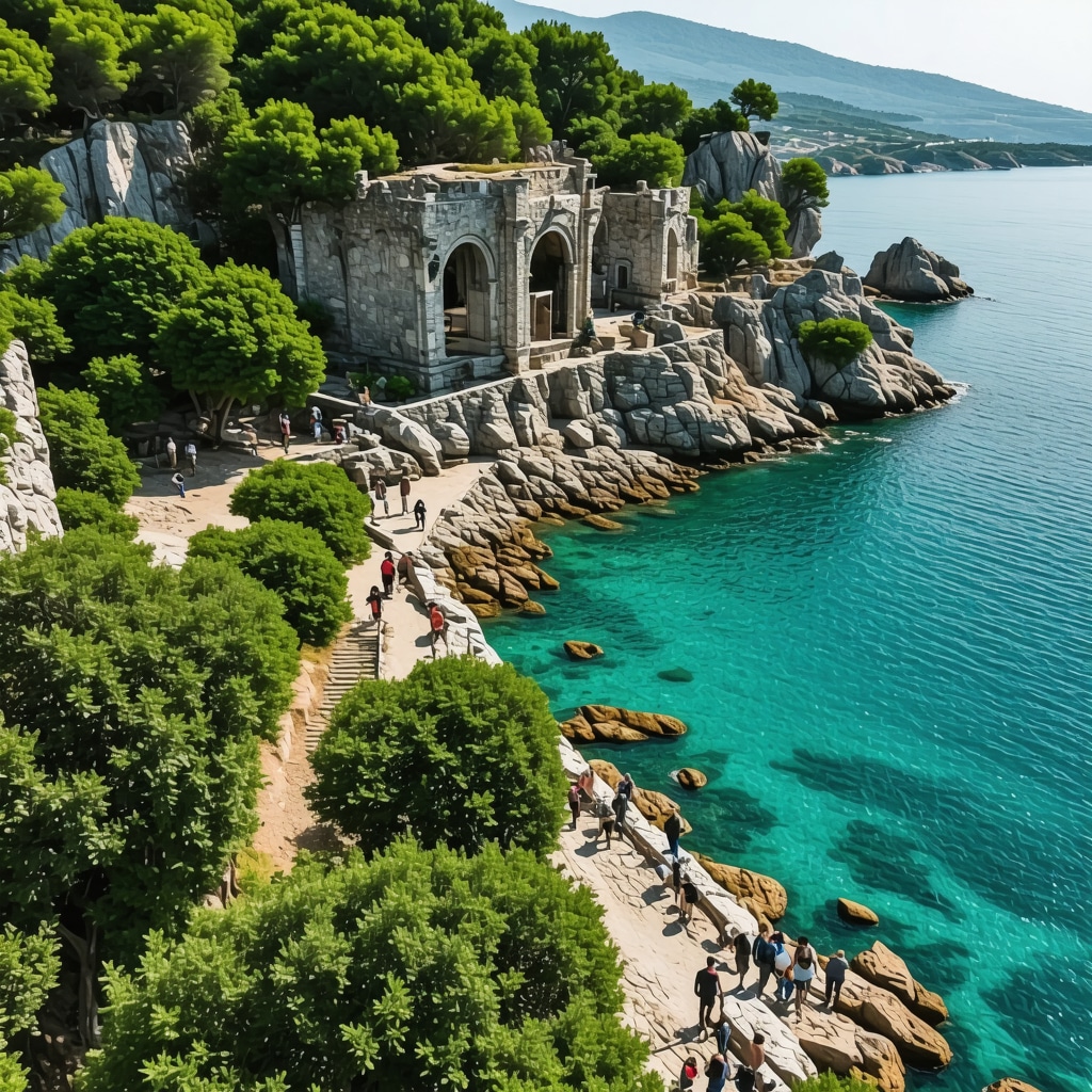 Aerial shot showing Dıraç's coastline with eco-trails, tourists using mobile guides, and drone surveying natural and historical sites