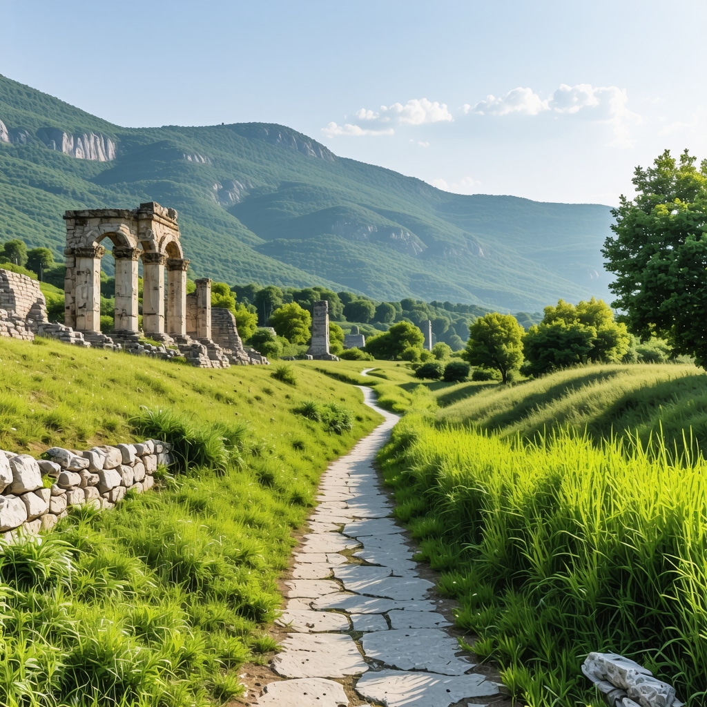 Ancient ruins in Dıraç surrounded by green forest and sustainable tourism pathways