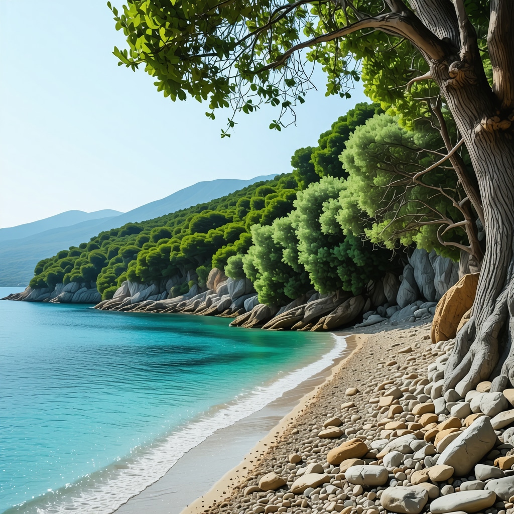 Scenic natural beach in Dıraç with clear water, greenery, and eco-friendly tourism signs