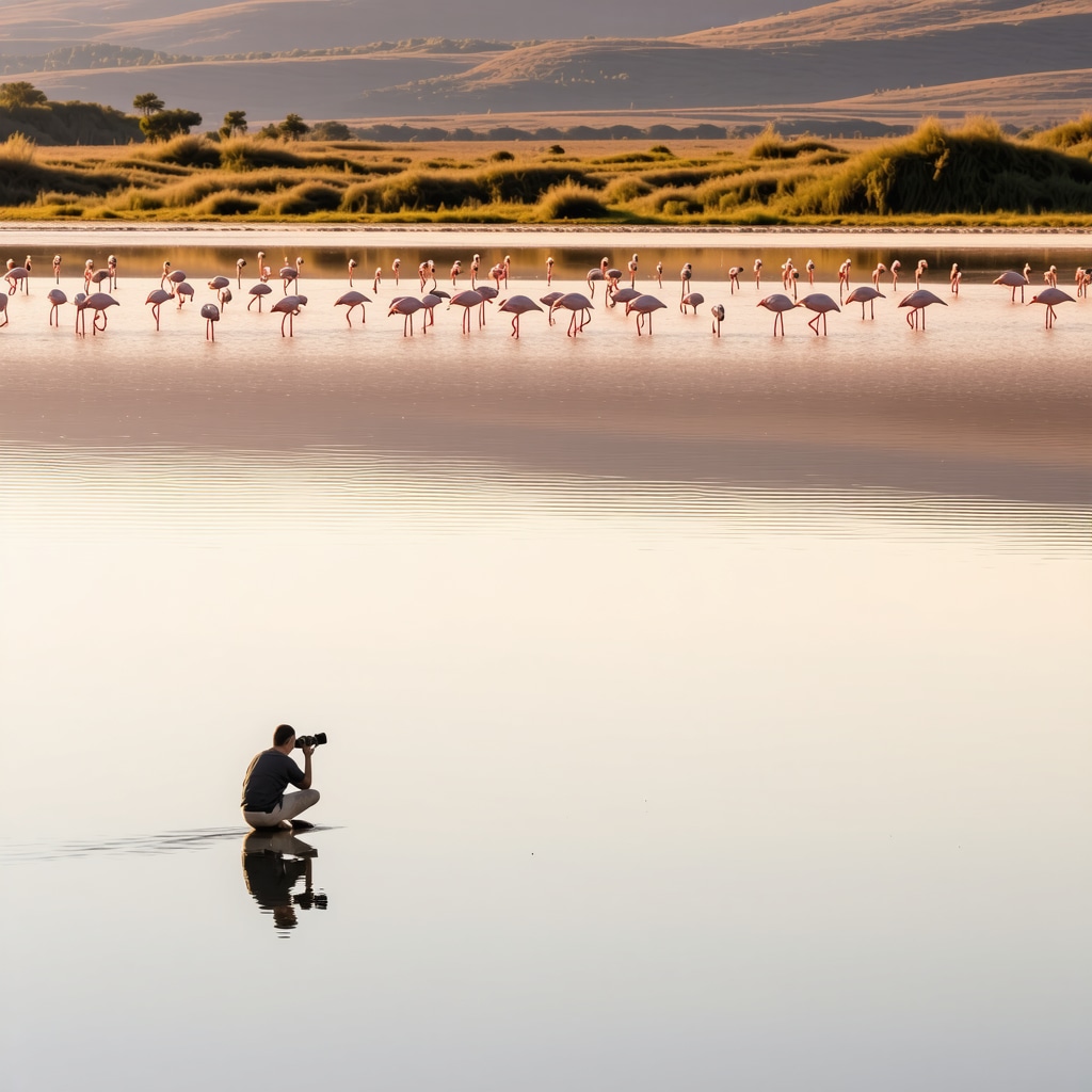 Photographer capturing flamingos at sunrise in Divjakë wetlands with reflections and rich biodiversity