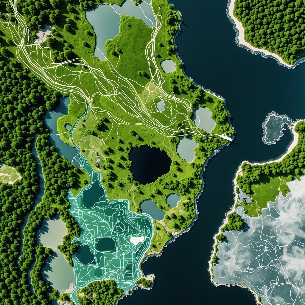 Aerial drone image of Divjakë Nature Park wetlands equipped with AI-based ecological monitoring systems and data overlays
