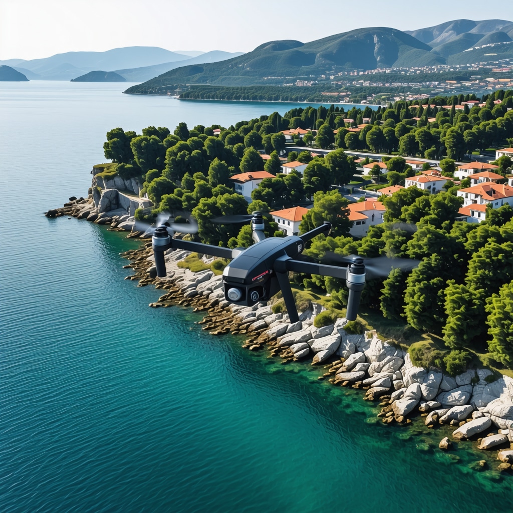 Drone capturing aerial views of Koper coastline's ecosystem and historic buildings