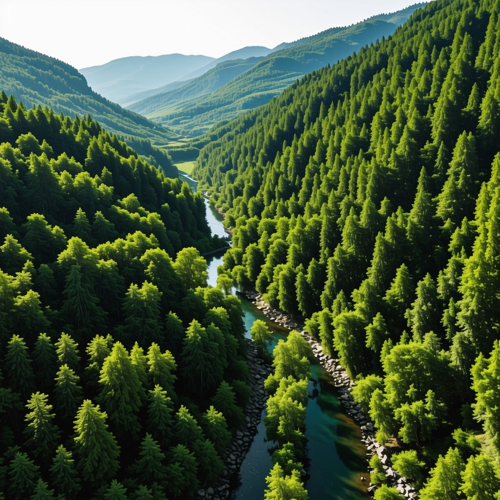 Drone flying over Osum River canyon and green forests monitoring biodiversity in Berat, Albania