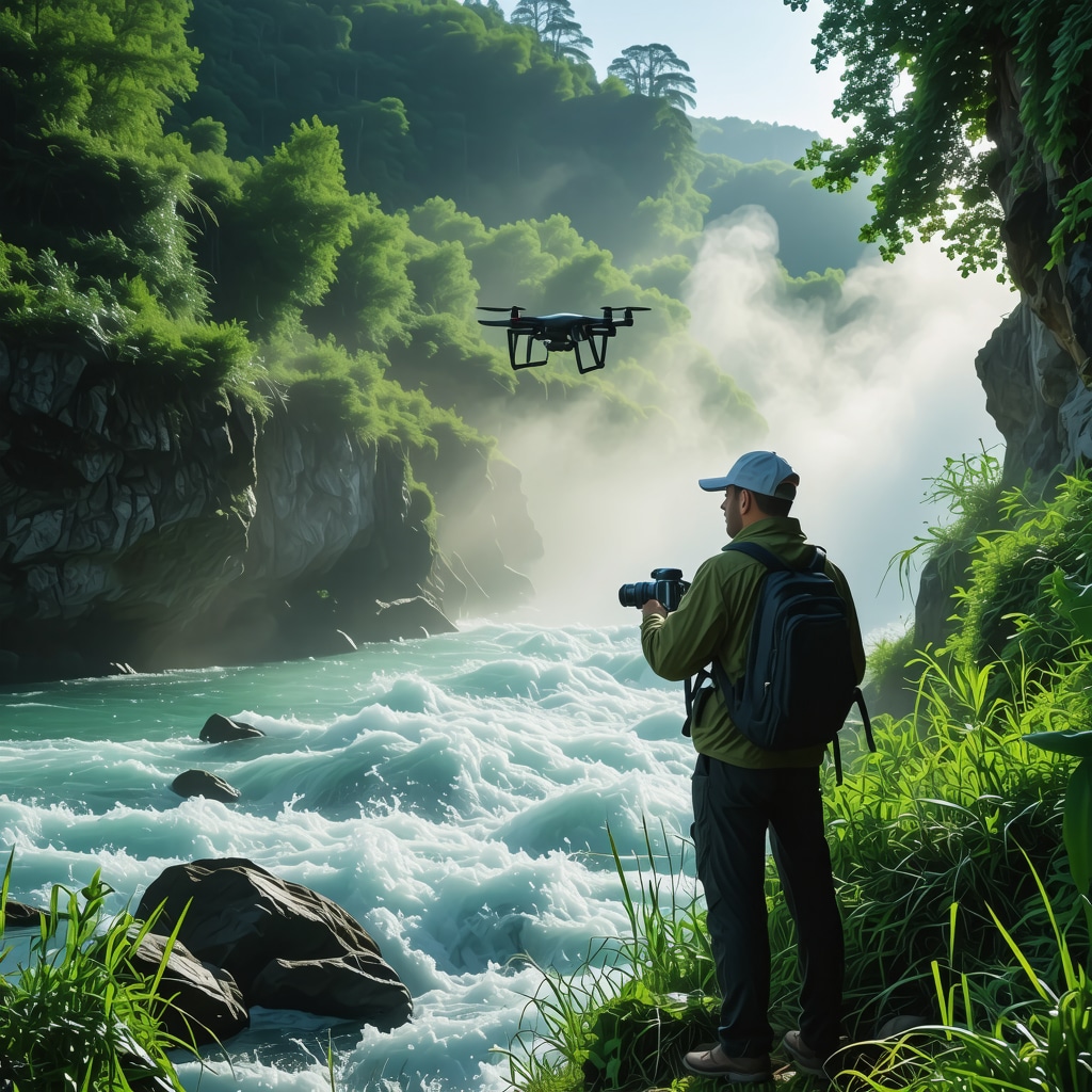 Photographer using drone and ND filters to capture Vrelo Bosne natural landscapes in soft morning light
