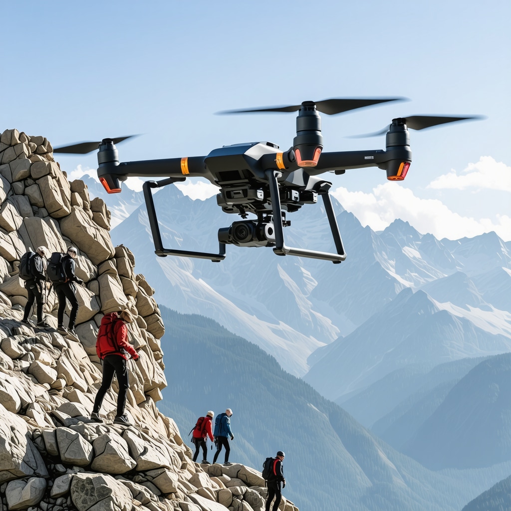 Drone flying over rugged mountains with climbers and hikers below, representing technology use in Şeytan Şehri's extreme sports