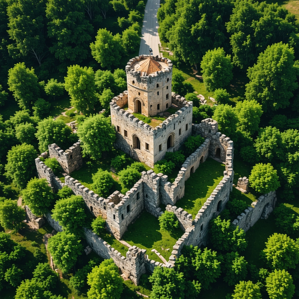 Drone capturing aerial view of Gölübac castle ruins and surrounding green nature areas