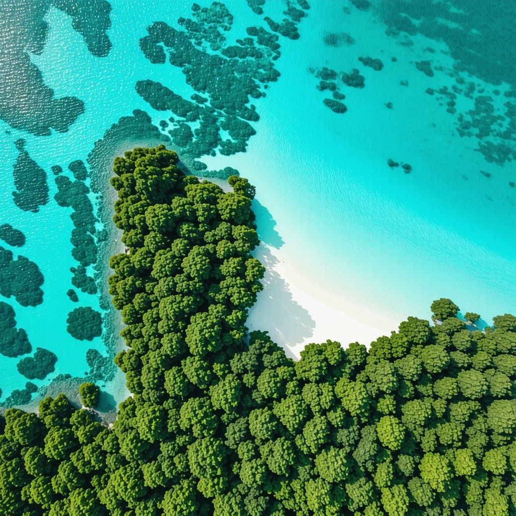 Drone flying over Nin coastline with clear waters and green habitats highlighting ecosystem protection