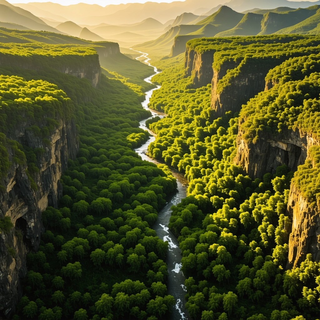 Aerial drone image showing Tara National Park's deep canyons, rivers, and dense forests in golden hour light